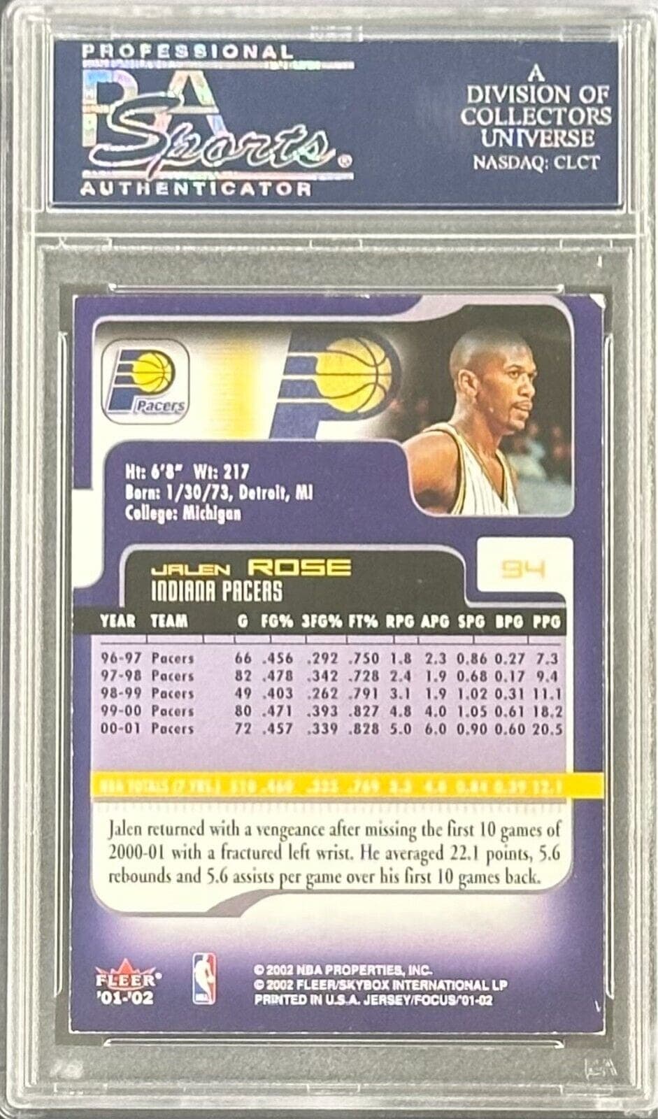 Jalen Rose Signed 2001-02 Fleer Card #94 PSA/DNA Indiana Pacers Jalen Rose Card jalen-rose-2001-02-fleer-94, view 2, supplier stock photo