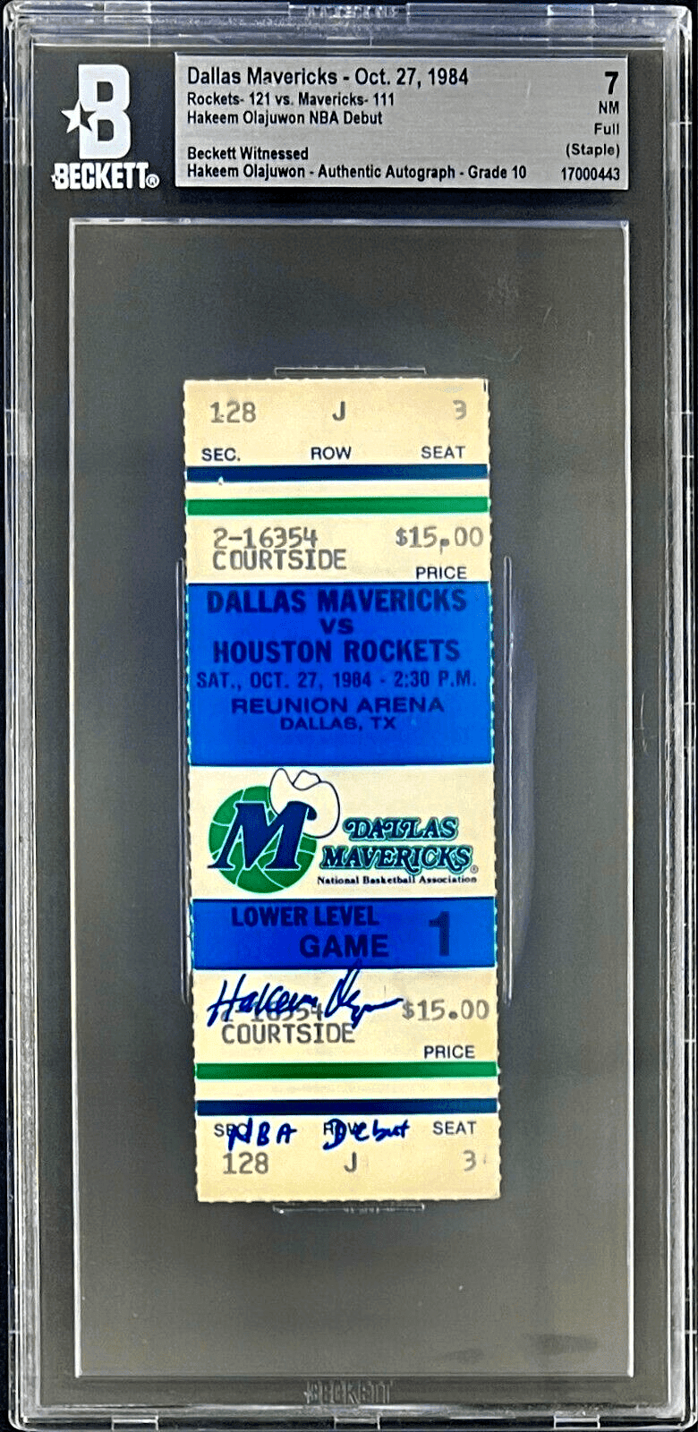 Hakeem Olajuwon Signed Rockets NBA Debut Full Ticket Beckett 7 NM Auto 10 Hakeem Olajuwon Ticket Stub nba-debut-full-7-nm-auto, Houston Rockets, supplier stock photo