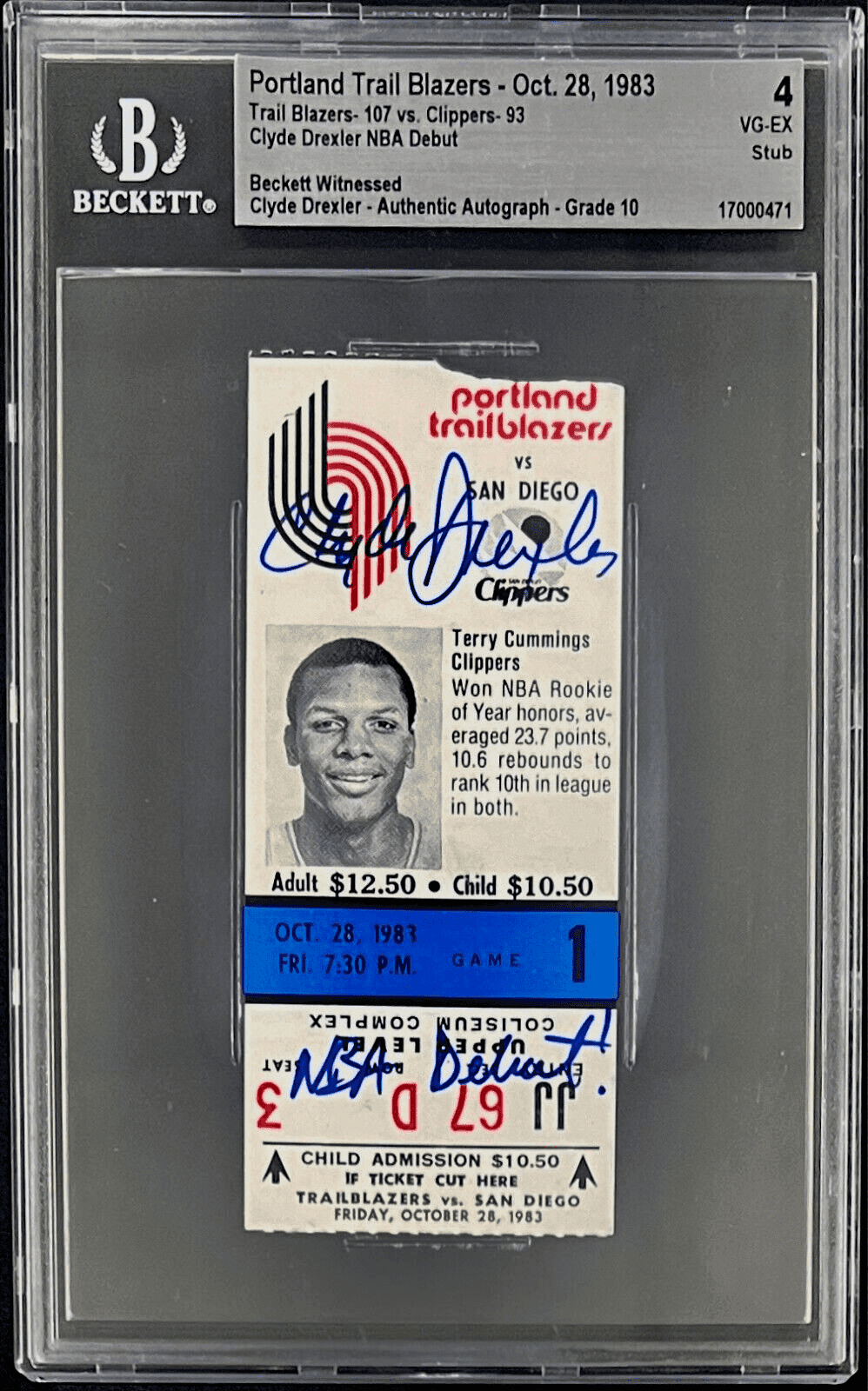 Clyde Drexler Signed Trail Blazers NBA Debut Ticket Stub Beckett 4 VG-EX Auto 10 Clyde Drexler Ticket Stub nba-debut-4-vg-ex-auto, Portland Trail Blazers, supplier stock photo