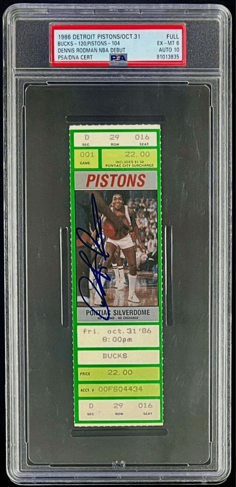 Dennis Rodman Signed Pistons NBA Debut Full Ticket PSA 6 EX-MT Auto 10 Dennis Rodman Ticket Stub nba-debut-full-6-ex-mt, Detroit Pistons, supplier stock photo