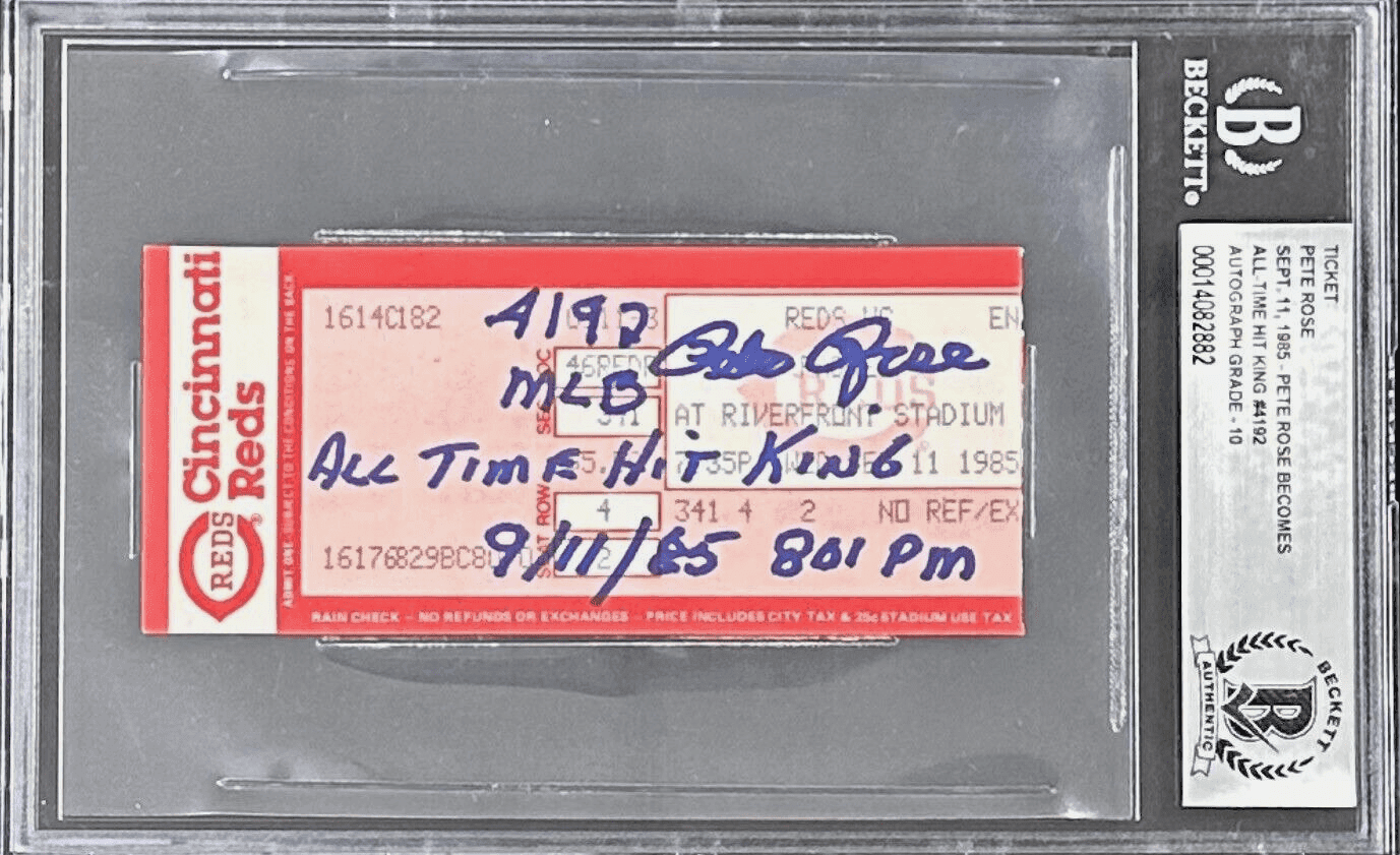 PETE ROSE SIGNED TICKET 9/11/85 “MLB All Time Hit King” BECKETT Auto 10 Pete Rose Ticket Stub 9-11-85-mlb-all-time, Cincinnati Reds, supplier stock photo
