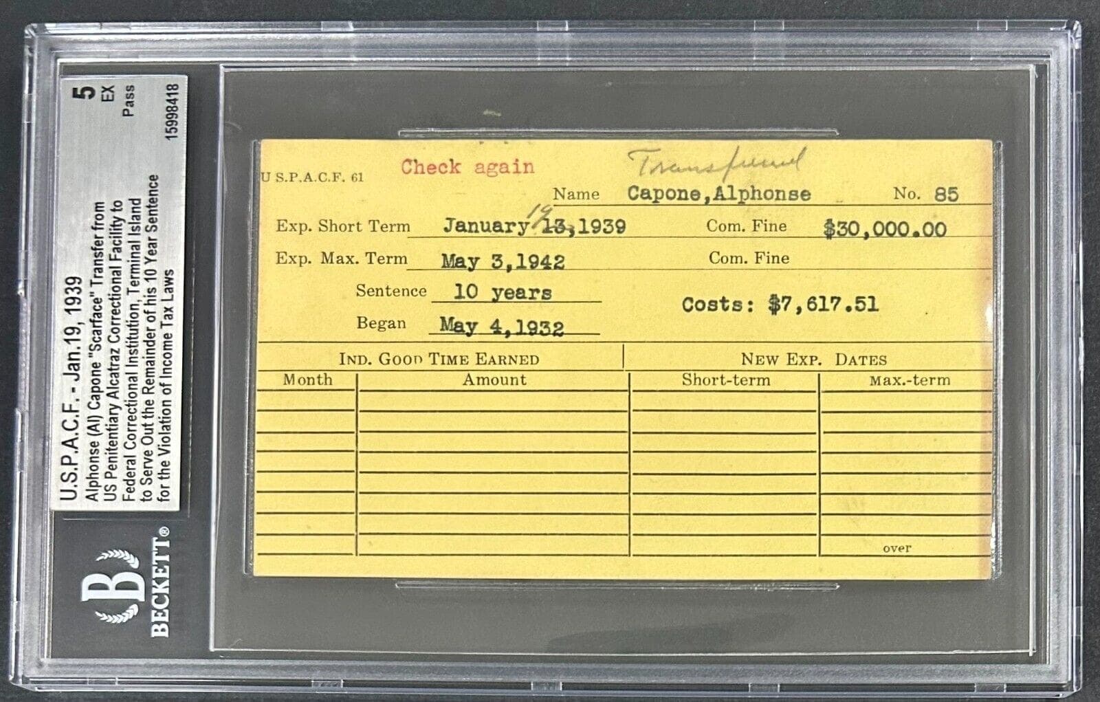 Alphonse AL Capone Scarface Transfer Jail Card US Penitentiary Alcatraz Beckett Card alphonse-al-capone-scarface-transfer-jail, supplier stock photo
