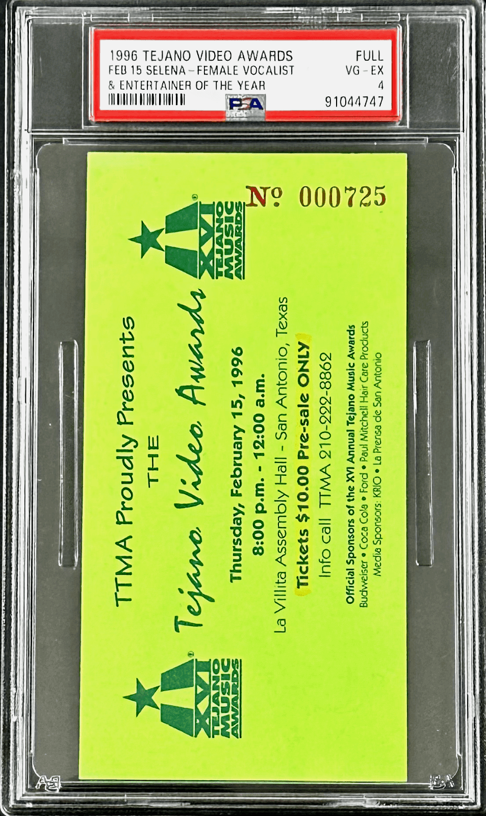 1996 Tejano Video Awards Selena Female Vocalist Entertainer of The Year PSA Pop1 Other 1996-tejano-video-awards-selena-female, view 2, supplier stock photo