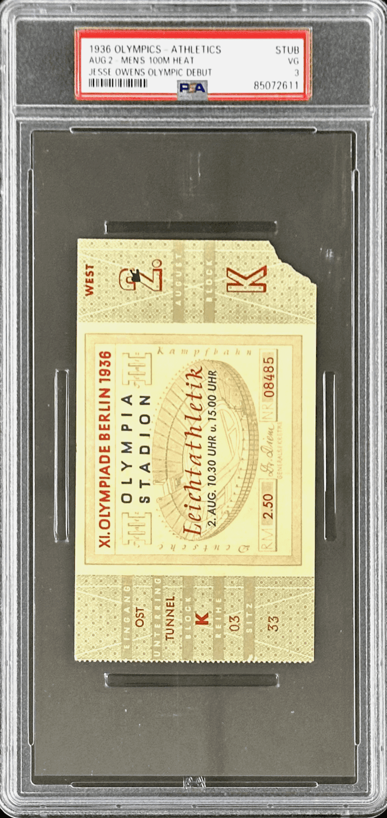 Jesse Owens Olympic Debut Ticket Stub 1936 Olympics Men’s 100M Heat PSA VG 3 Ticket Stub jesse-owens-olympic-debut-1936-olympics, view 2, supplier stock photo
