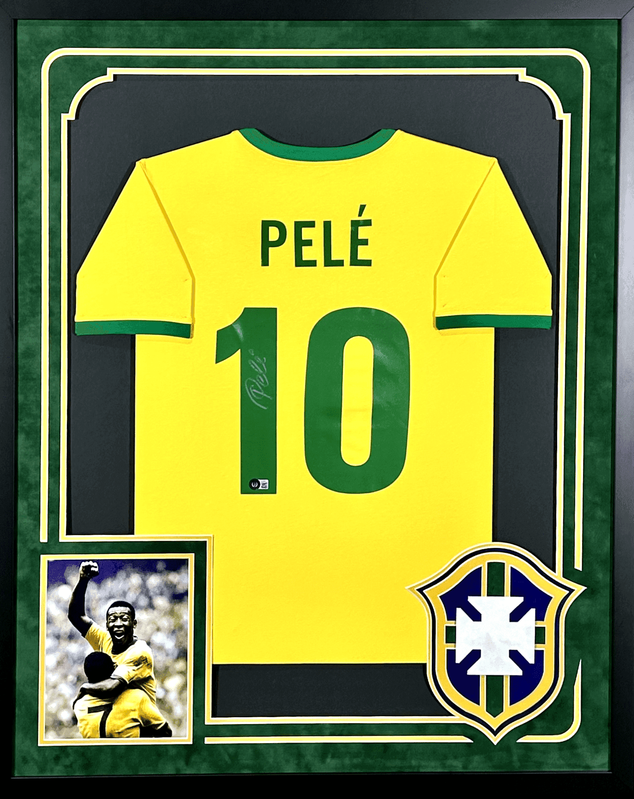 Pele Signed Autographed Framed Brazil Yellow Green Jersey Beckett Authentic Pele Jersey pele-framed-brazil-yellow-green, supplier stock photo