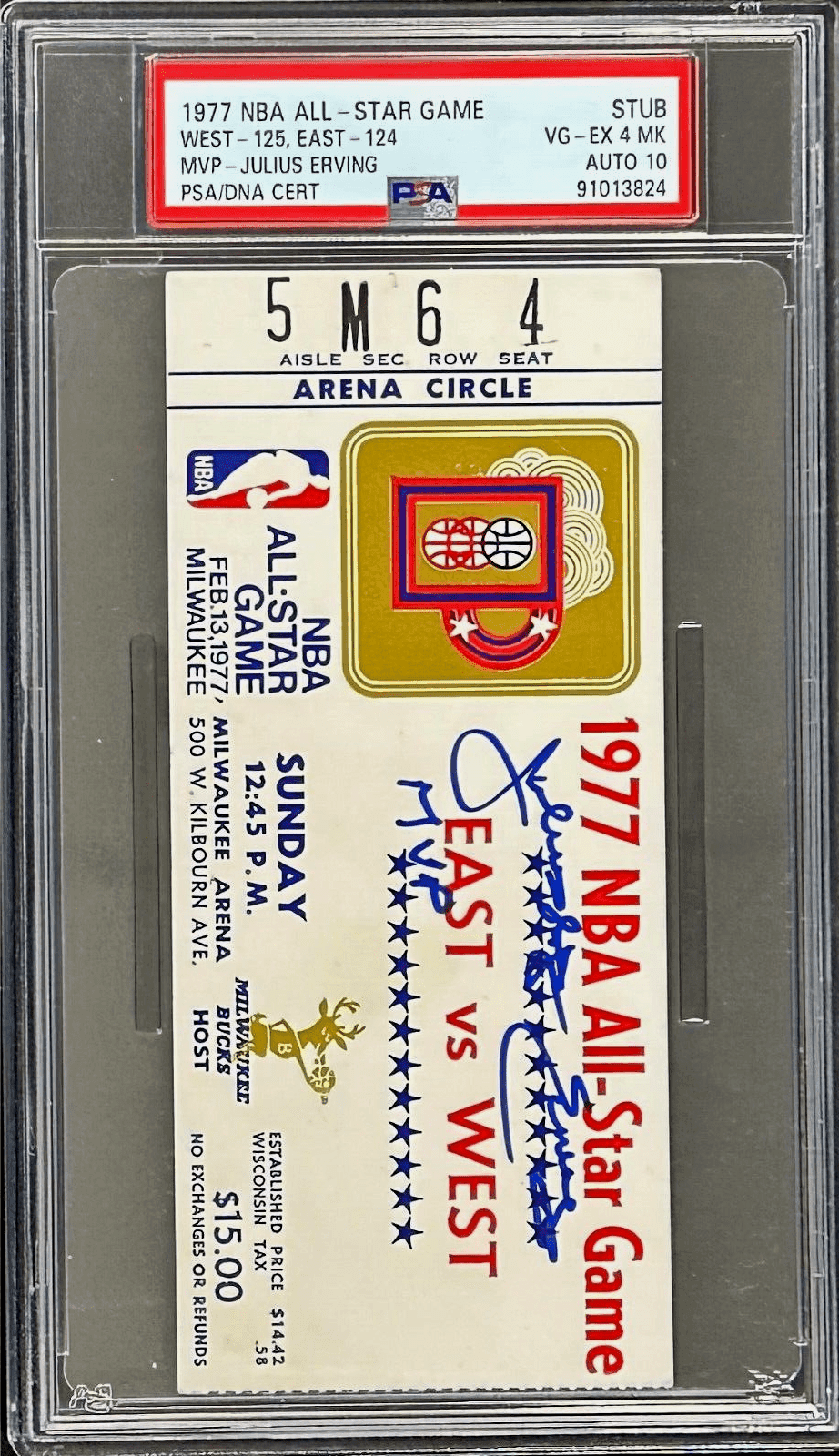 Julius “Dr. J” Erving Signed 1977 NBA All Star Game PSA Ticket Stub Dr. J MVP Julius Erving Ticket Stub dr-1977-nba-all-star-game, Philadelphia 76ers, view 2, supplier stock photo