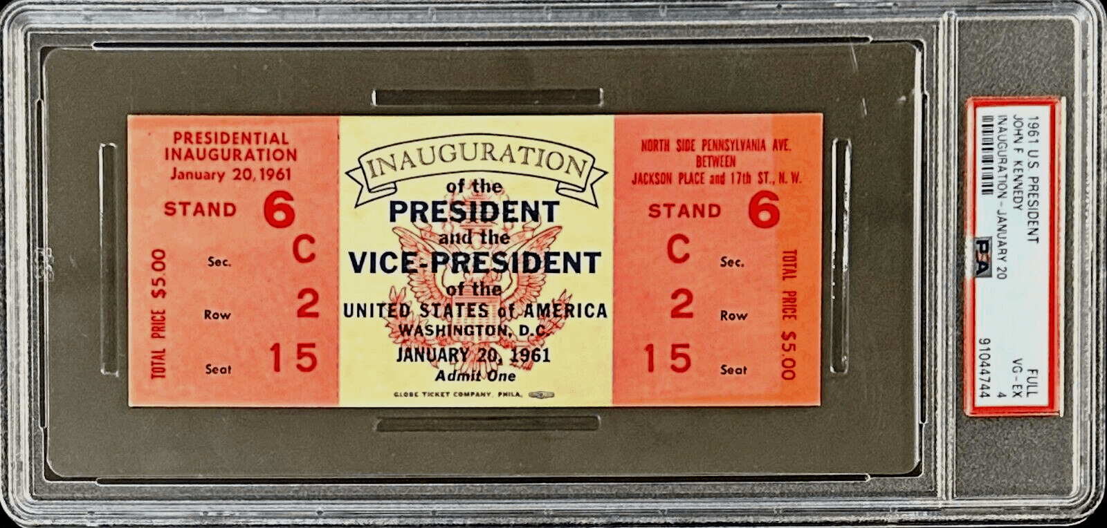 President John F Kennedy 1961 Presidential Inauguration Full Ticket PSA VG-EX 4 Ticket Stub president-john-kennedy-1961-presidential, supplier stock photo