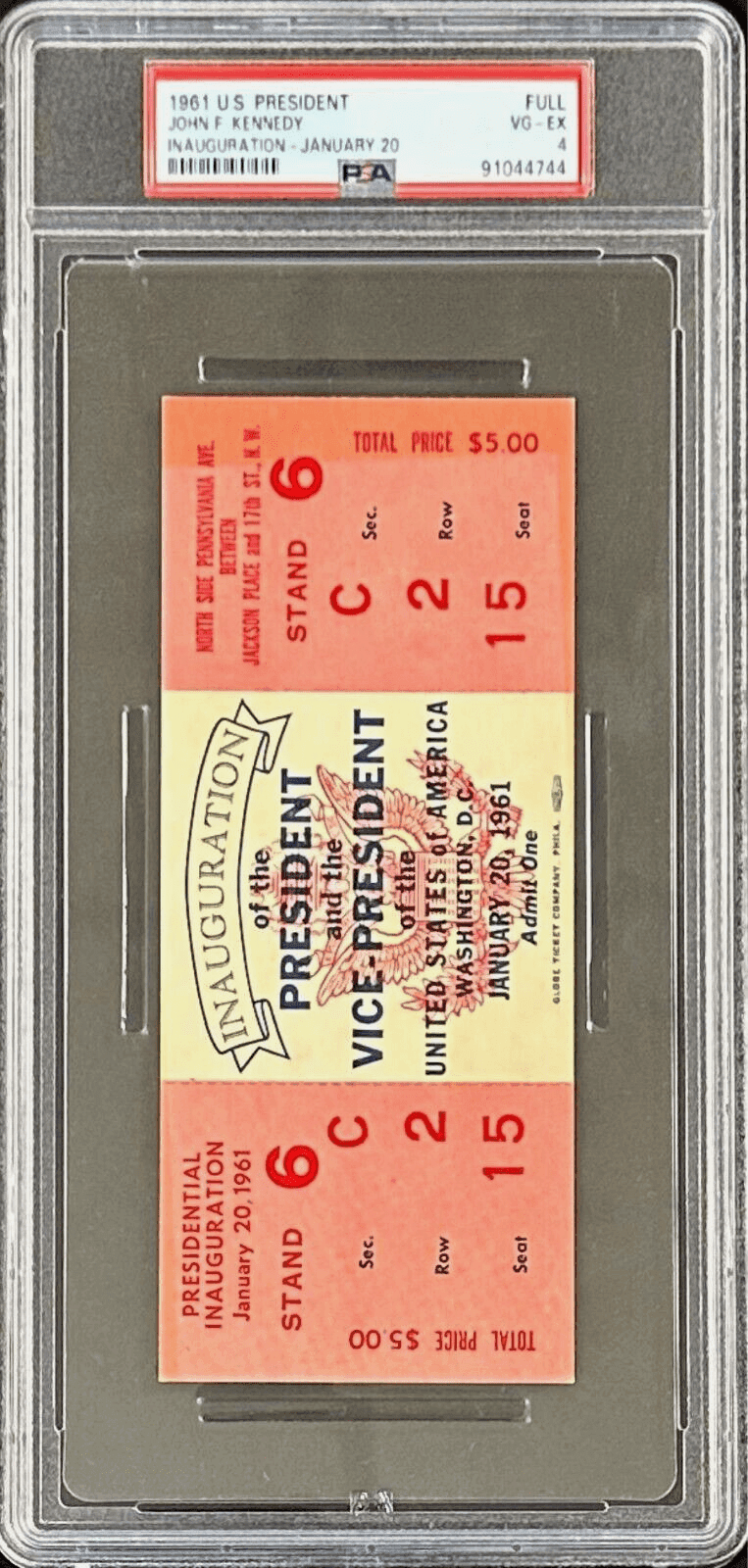 President John F Kennedy 1961 Presidential Inauguration Full Ticket PSA VG-EX 4 Ticket Stub president-john-kennedy-1961-presidential, view 2, supplier stock photo
