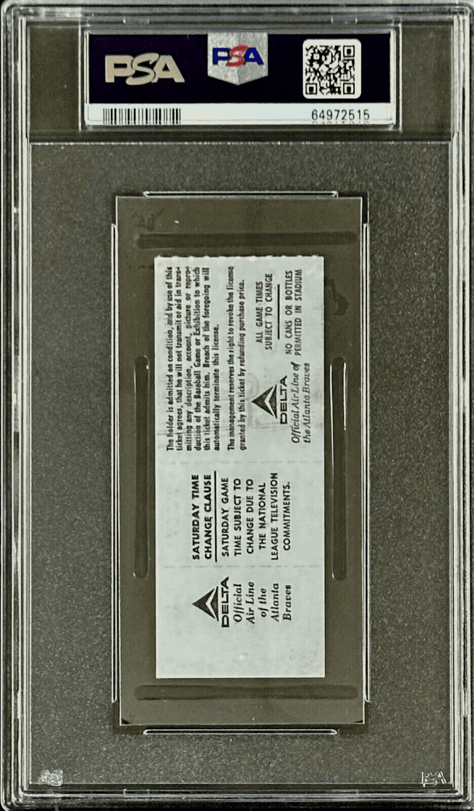 Hank Aaron Home Run #715 Ticket Stub PSA NM 7 Passes Babe Ruth All Time HR’s Hank Aaron Ticket Stub home-run-715-nm-7-passes, Atlanta Braves, view 3, supplier stock photo