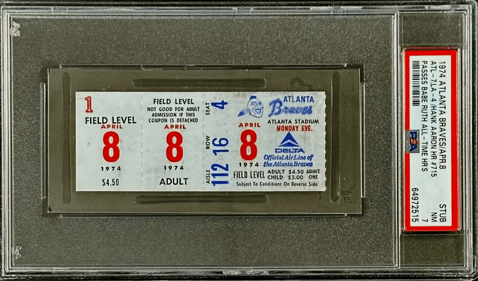 Hank Aaron Home Run #715 Ticket Stub PSA NM 7 Passes Babe Ruth All Time HR’s Hank Aaron Ticket Stub home-run-715-nm-7-passes, Atlanta Braves, view 2, supplier stock photo