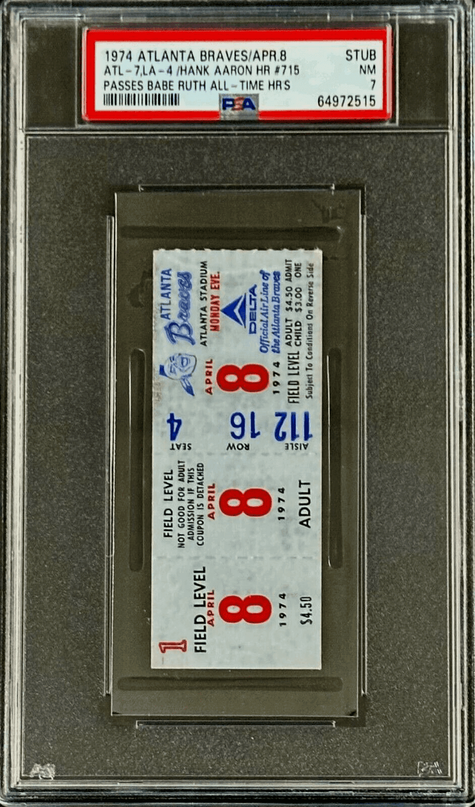 Hank Aaron Home Run #715 Ticket Stub PSA NM 7 Passes Babe Ruth All Time HR’s Hank Aaron Ticket Stub home-run-715-nm-7-passes, Atlanta Braves, supplier stock photo