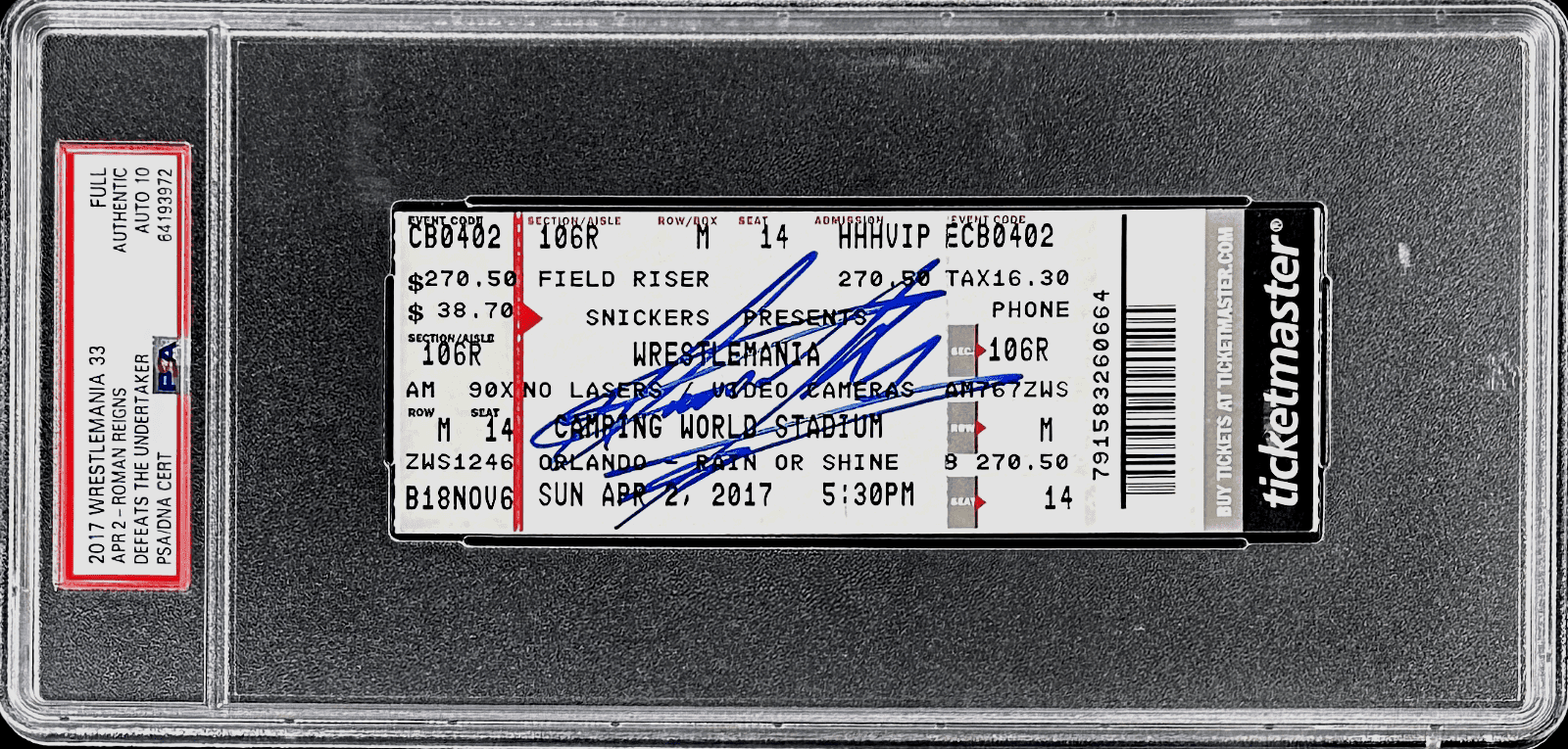 Undertaker Signed WWE WrestleMania XXXIII Apr. 2, 2017 Full Ticket PSA Auto 10 Undertaker Ticket Stub wwe-wrestlemania-xxxiii-apr-2-2017, supplier stock photo