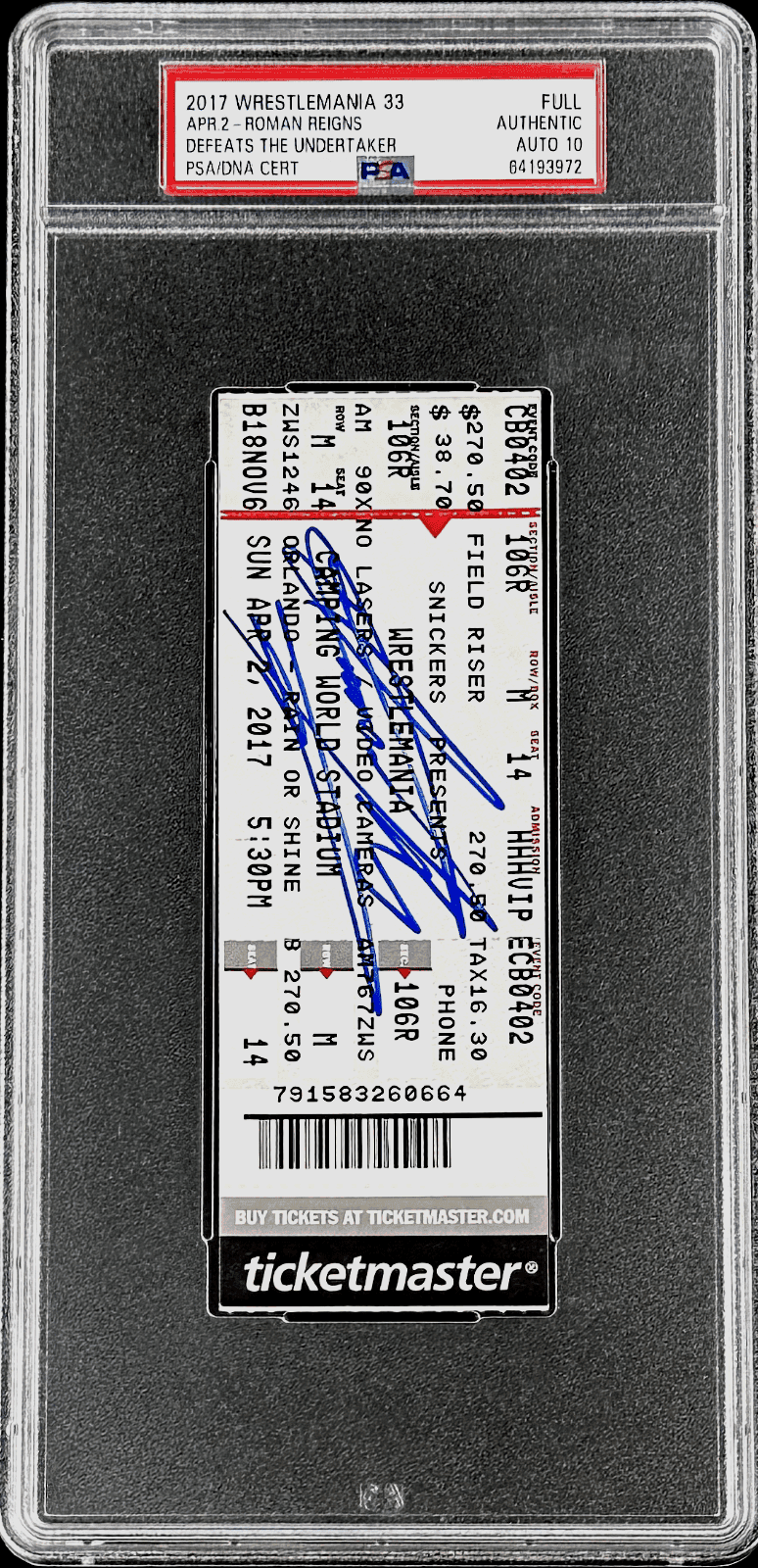 Undertaker Signed WWE WrestleMania XXXIII Apr. 2, 2017 Full Ticket PSA Auto 10 Undertaker Ticket Stub wwe-wrestlemania-xxxiii-apr-2-2017, view 2, supplier stock photo