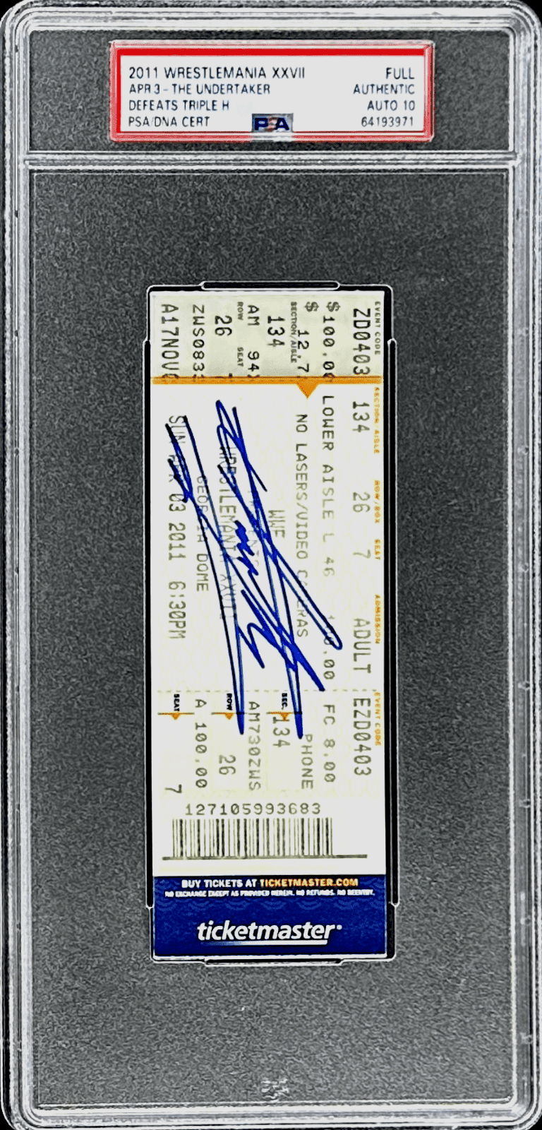 Undertaker Signed WWE WrestleMania XXVII Apr. 3, 2011 Full Ticket PSA Auto 10 Undertaker Ticket Stub wwe-wrestlemania-xxvii-apr-3-2011, view 2, supplier stock photo