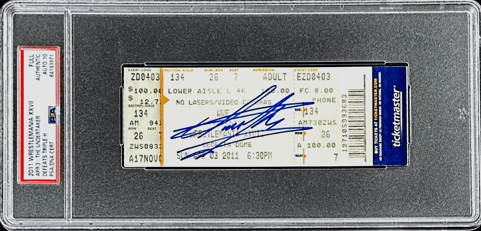 Undertaker Signed WWE WrestleMania XXVII Apr. 3, 2011 Full Ticket PSA Auto 10 Undertaker Ticket Stub wwe-wrestlemania-xxvii-apr-3-2011, supplier stock photo