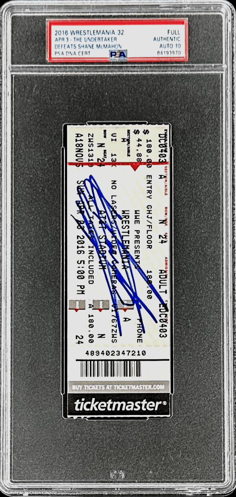 Undertaker Signed WWE WrestleMania XXXII Apr. 3, 2016 Full Ticket PSA Auto 10 Undertaker Ticket Stub undertaker-wwe-wrestlemania-xxxii-apr-3, view 2, supplier stock photo