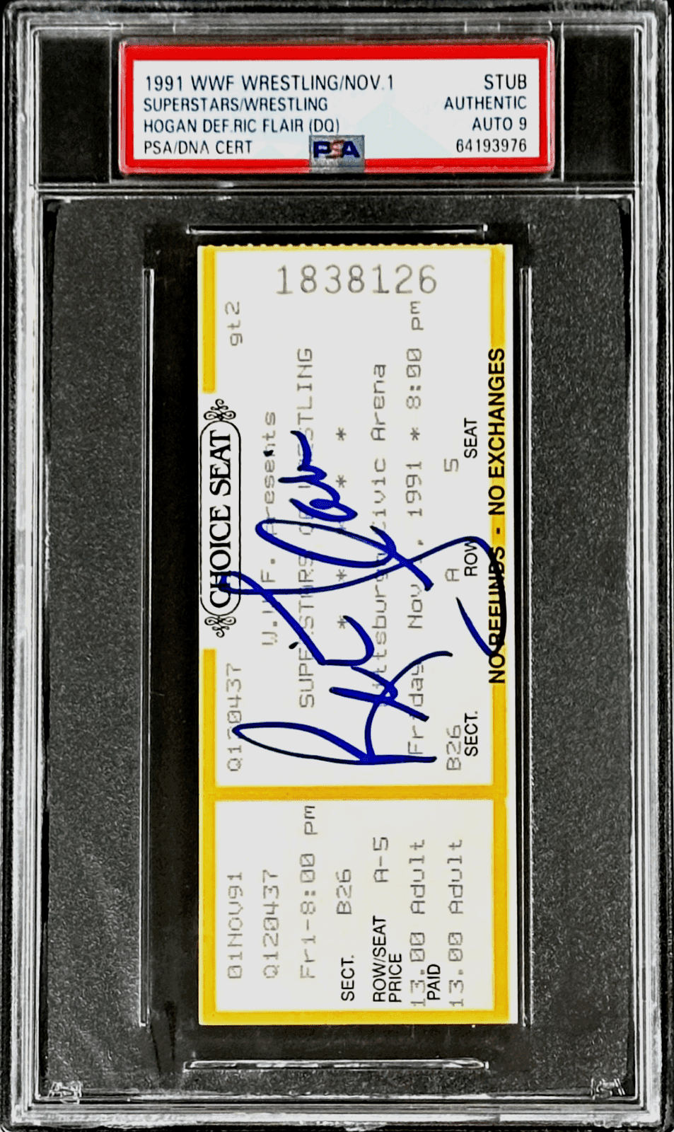 Ric Flair Signed WWF Superstars of Wrestling Nov. 1, 1991 Ticket Stub PSA Auto 9 Ric Flair Ticket Stub wwf-superstars-wrestling-nov-1-1991, view 2, supplier stock photo