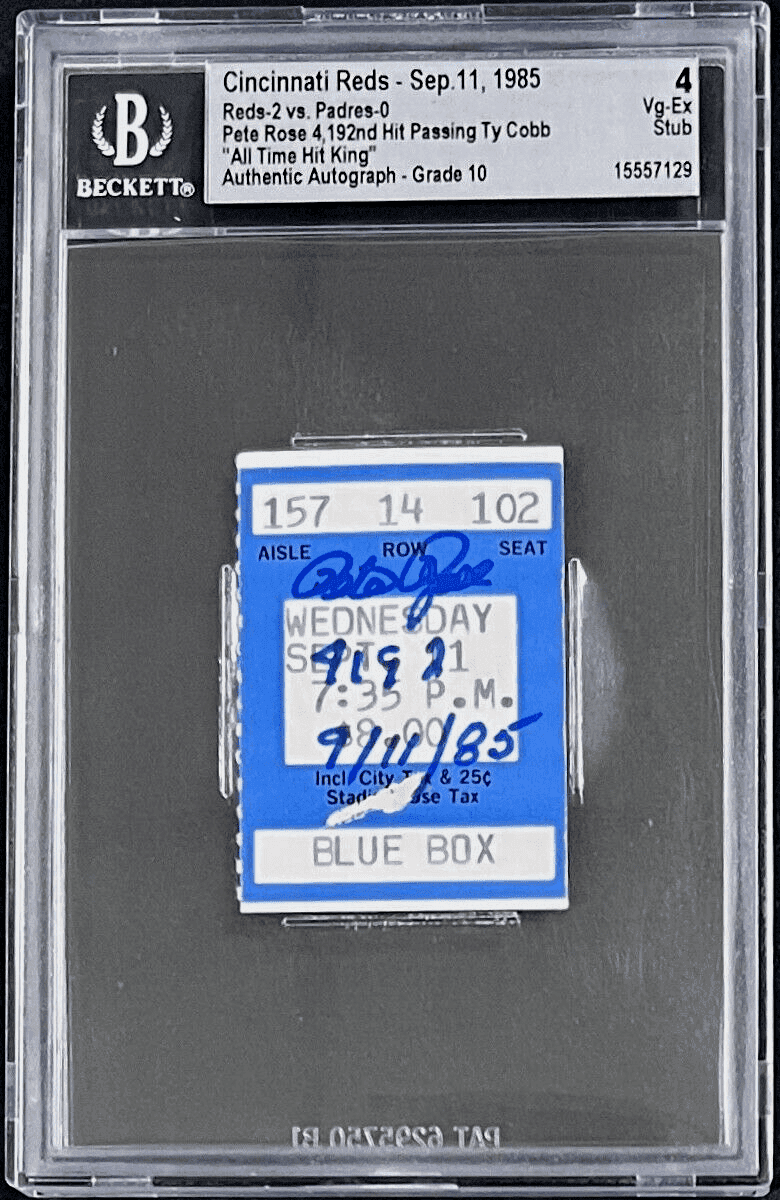 PETE ROSE SIGNED SIGNED TICKET STUB SEPT. 11, 1985 HIT 4192 BECKETT 10 – 4VG-EX Pete Rose Ticket Stub sept-11-1985-hit-4192-10, Cincinnati Reds, supplier stock photo