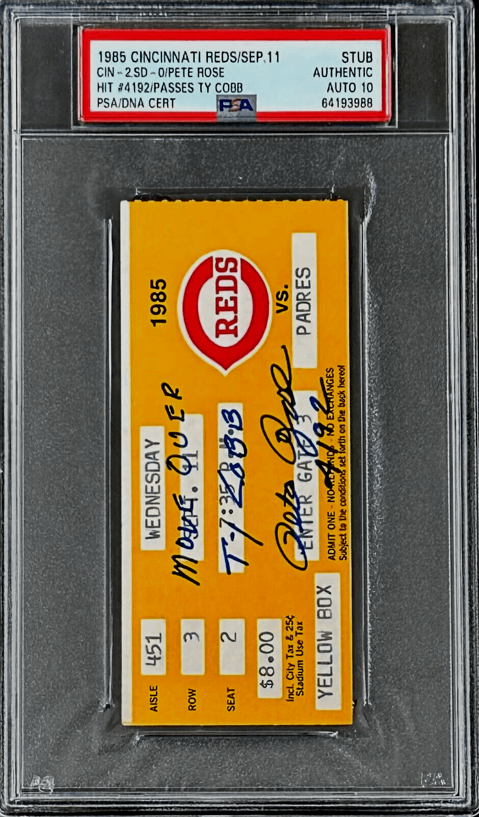 PETE ROSE AUTOGRAPHED TICKET STUB 9/11/85 PSA AUTO 10 (HIT #4192) 64193988 Pete Rose Ticket Stub 64193988, Cincinnati Reds, view 2, supplier stock photo