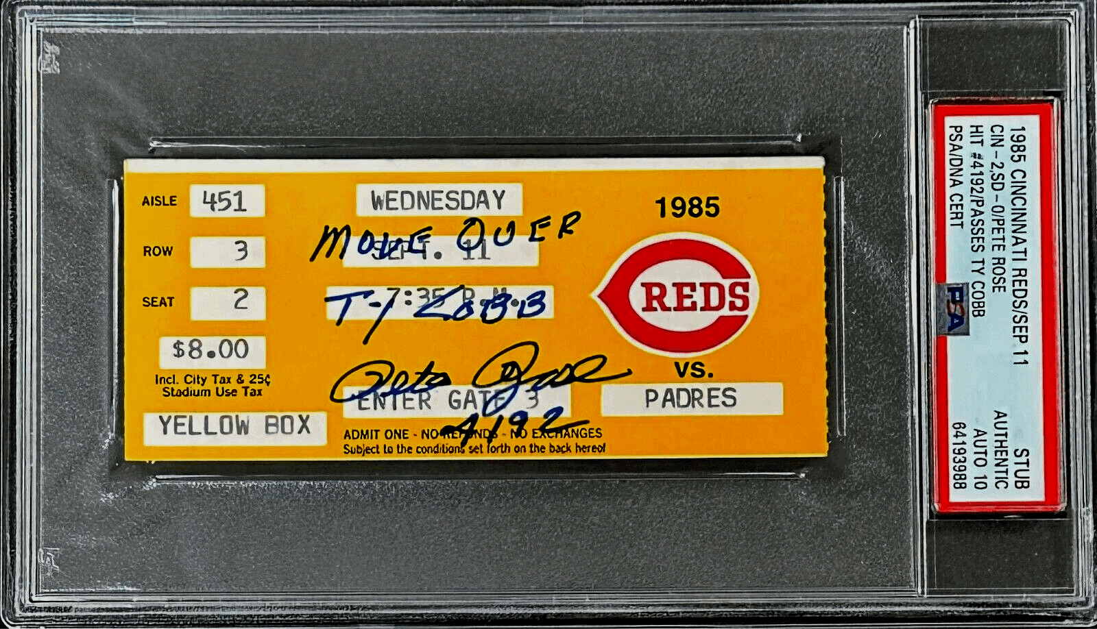 PETE ROSE AUTOGRAPHED TICKET STUB 9/11/85 PSA AUTO 10 (HIT #4192) 64193988 Pete Rose Ticket Stub 64193988, Cincinnati Reds, supplier stock photo