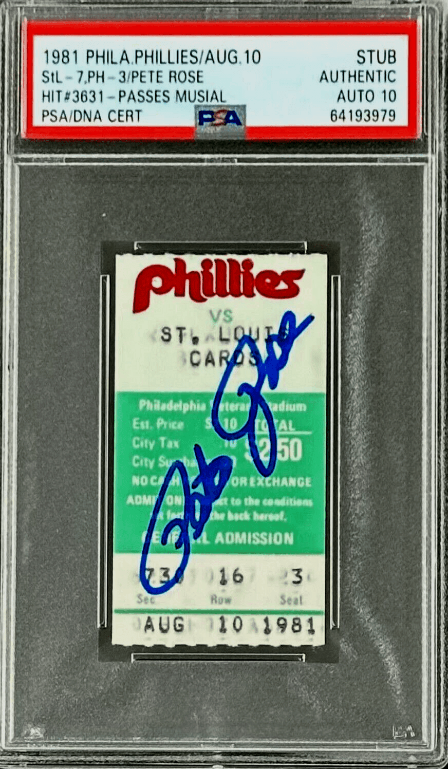 PETE ROSE AUTOGRAPHED TICKET STUB 8/10/1981 PSA/DNA AUTO 10 64193979 HIT #3631 Pete Rose Ticket Stub 8-10-1981-auto-64193979-hit, Cincinnati Reds, supplier stock photo
