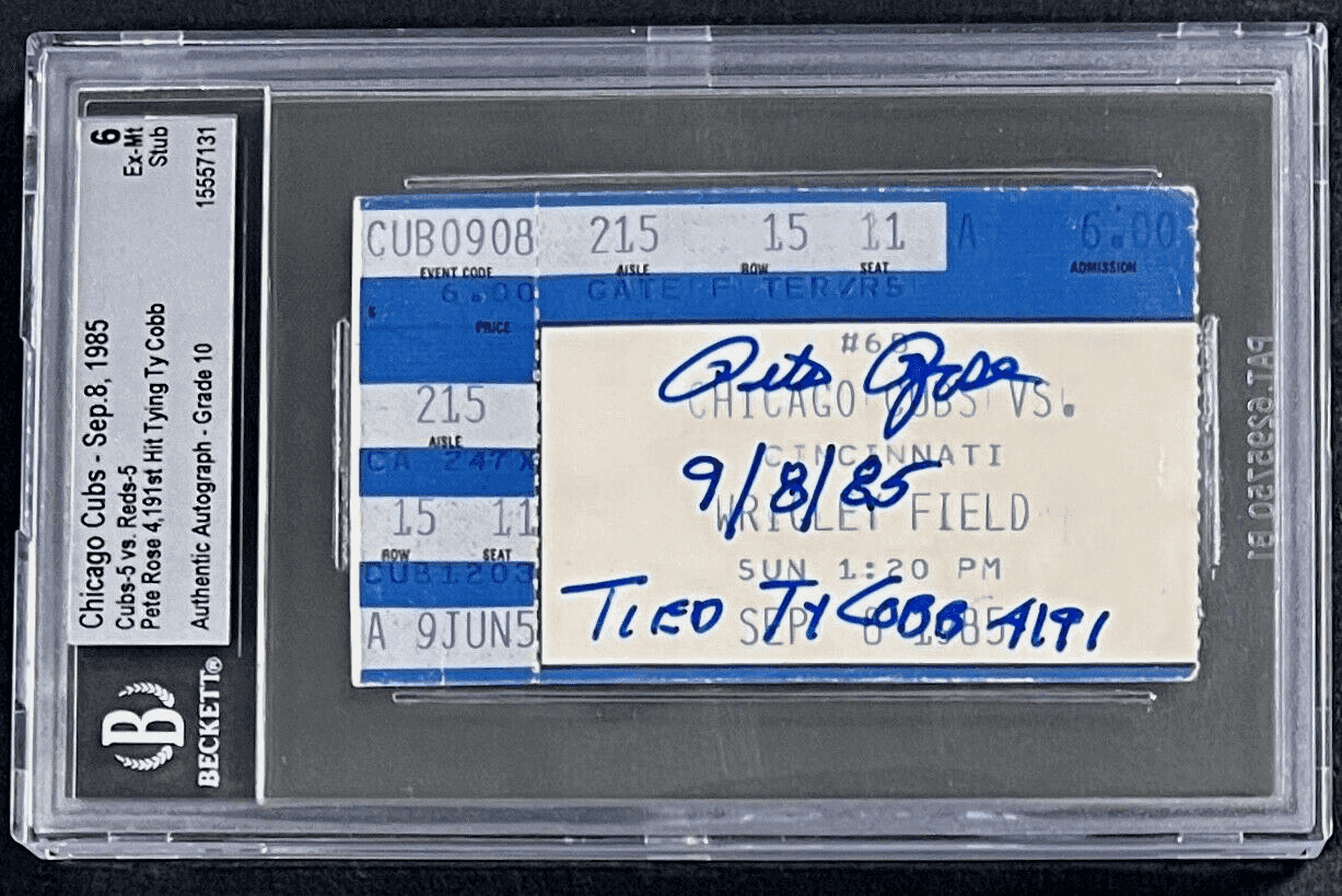 PETE ROSE SIGNED TICKET STUB 9/8/85 BECKETT 6 EX-MT “Tied Ty Cobb 4191” 15557131 Pete Rose Ticket Stub 9-8-85-6-ex-mt, Cincinnati Reds, supplier stock photo