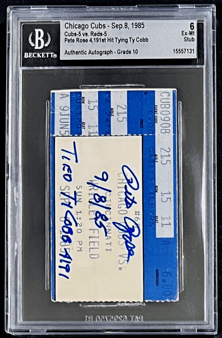 PETE ROSE SIGNED TICKET STUB 9/8/85 BECKETT 6 EX-MT “Tied Ty Cobb 4191” 15557131 Pete Rose Ticket Stub 9-8-85-6-ex-mt, Cincinnati Reds, view 2, supplier stock photo