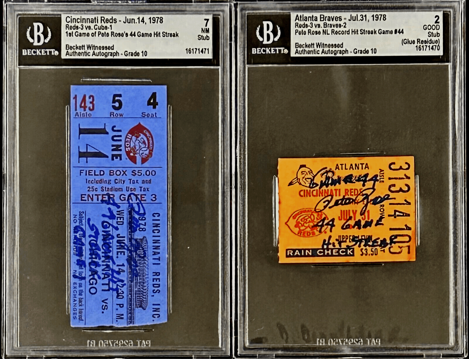 Pete Rose Signed 1st Game and Game 44 of NL Record Hit Streak Tickets Stubs BAS Pete Rose Ticket Stub 1st-game-44-nl-record-hit, Cincinnati Reds, supplier stock photo