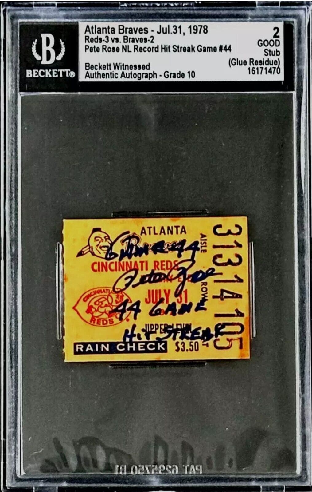 Pete Rose Signed 1st Game and Game 44 of NL Record Hit Streak Tickets Stubs BAS Pete Rose Ticket Stub 1st-game-44-nl-record-hit, Cincinnati Reds, view 4, supplier stock photo