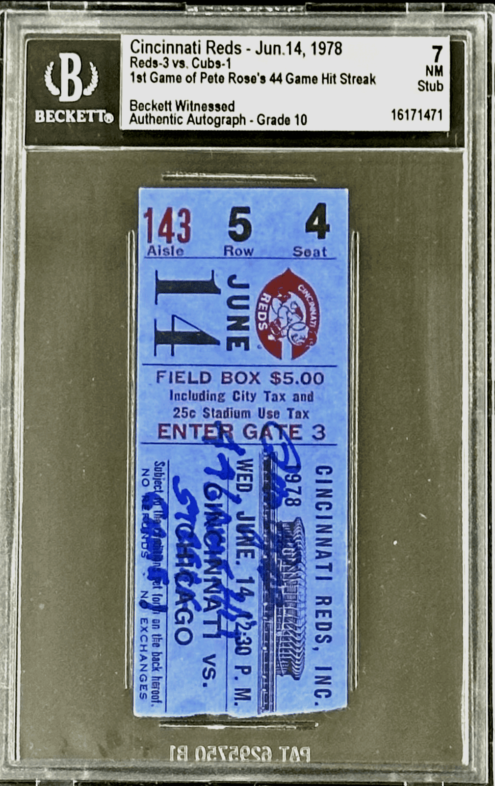 Pete Rose Signed 1st Game and Game 44 of NL Record Hit Streak Tickets Stubs BAS Pete Rose Ticket Stub 1st-game-44-nl-record-hit, Cincinnati Reds, view 2, supplier stock photo