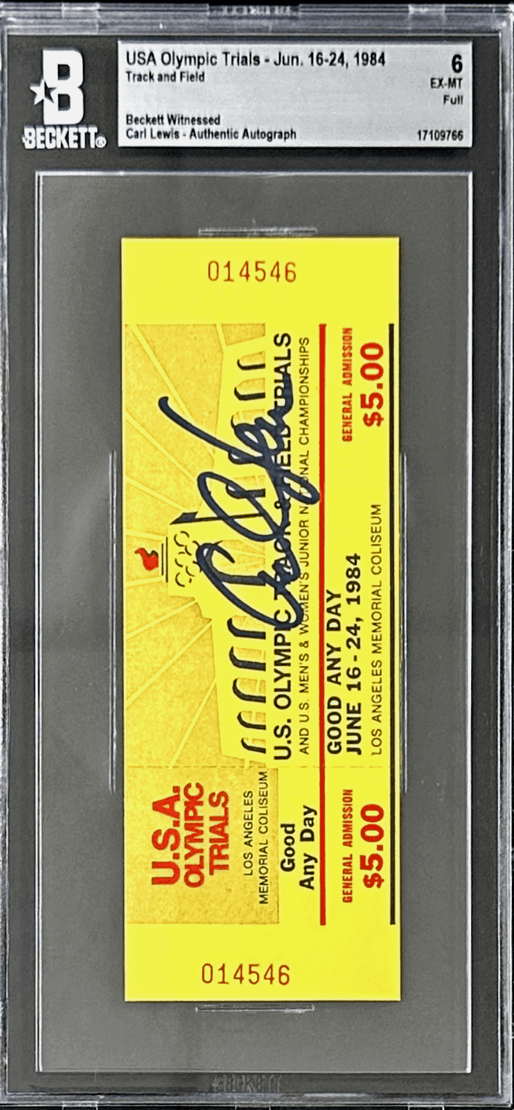 Carl Lewis Signed 1984 US Olympic Trials Jun. 16-24 Beckett Ticket Stub Beckett Ticket Stub carl-lewis-1984-us-olympic-trials, view 2, supplier stock photo