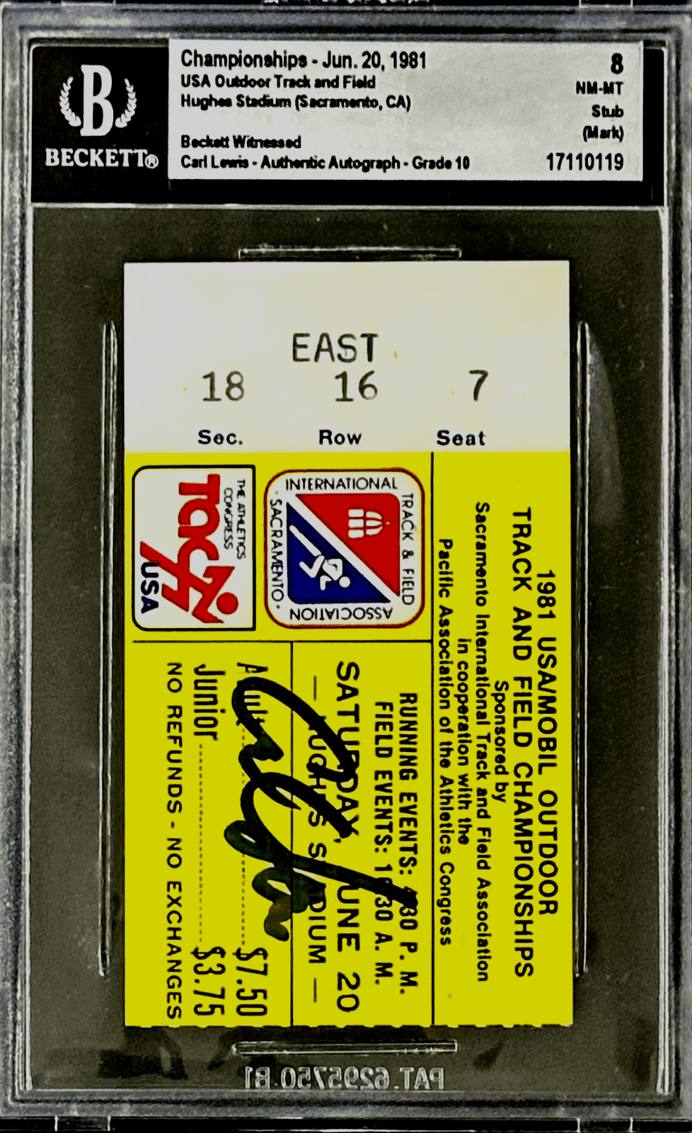 Carl Lewis Signed 1981 USA Outdoor Track-Field Championships Beckett Ticket Stub Ticket Stub carl-lewis-1981-usa-outdoor-track, view 2, supplier stock photo