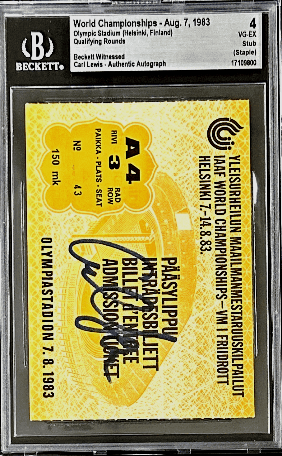 Carl Lewis Signed 1983 World Championships Beckett Ticket Stub Ticket Stub carl-lewis-1983-world-championships, view 2, supplier stock photo