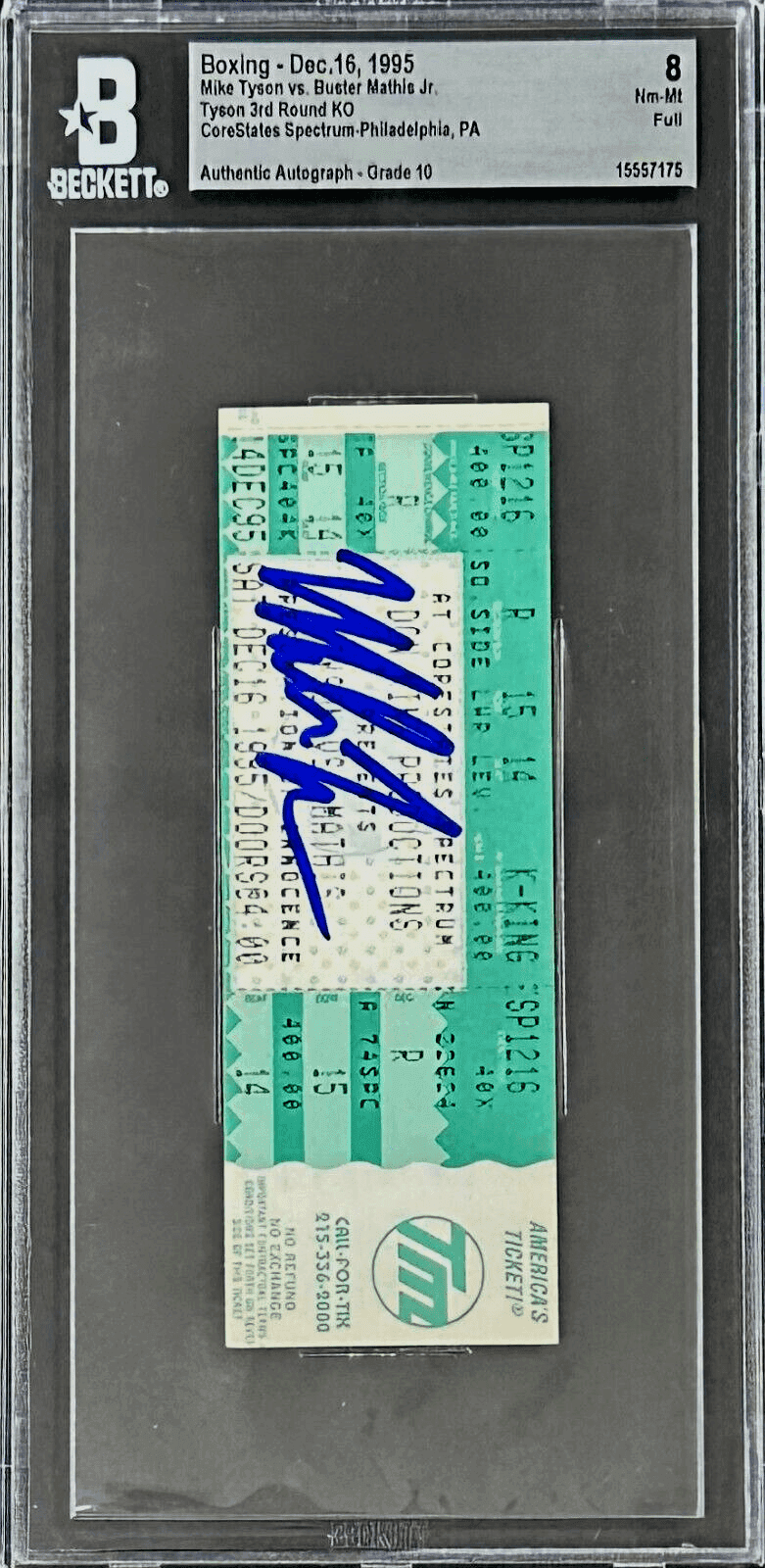 Mike Tyson vs Buster Mathis Jr. Signed Full Ticket Beckett Tyson 3rd Round KO Mike Tyson Ticket Stub vs-buster-mathis-jr-full-3rd, view 2, supplier stock photo