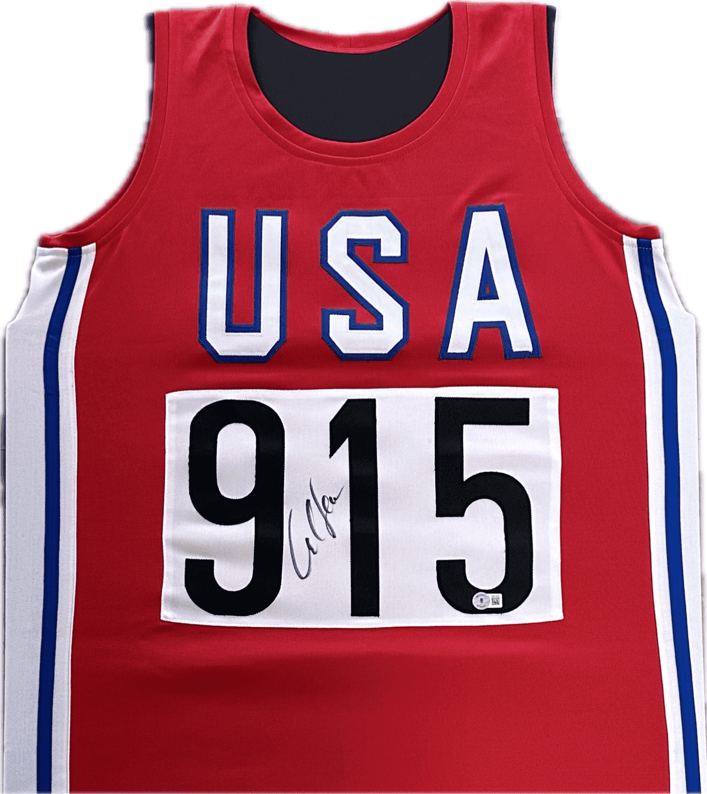 Carl Lewis Signed Autographed Red White & Blue USA Jersey Beckett Authenticated Jersey carl-lewis-red-white-blue-usa, supplier stock photo