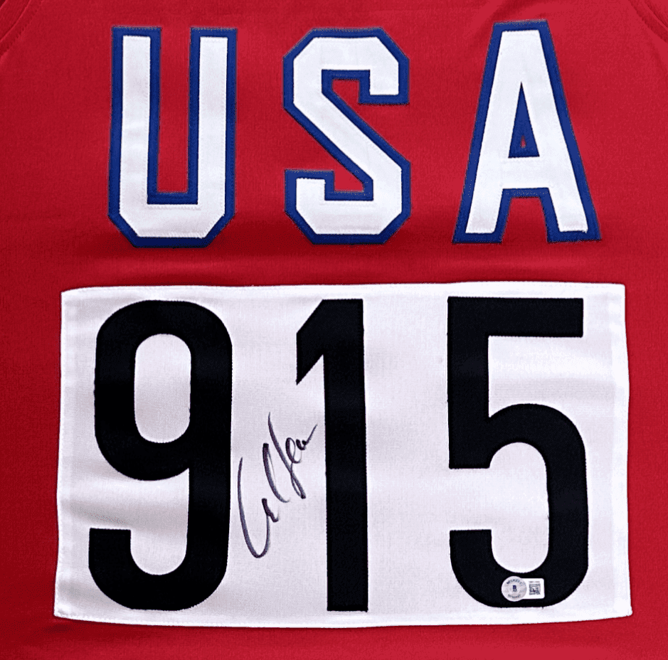 Carl Lewis Signed Autographed Red White & Blue USA Jersey Beckett Authenticated Jersey carl-lewis-red-white-blue-usa, view 2, supplier stock photo