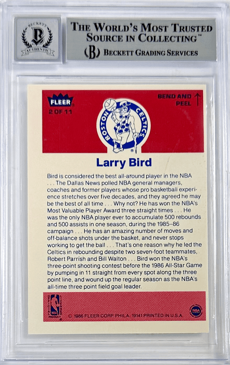 Larry Bird Signed 1986-87 Fleer Sticker Card #2 Beckett 14058522 Auto 10 Larry Bird Card 1986-87-fleer-sticker-2-14058522, Boston Celtics, view 2, supplier stock photo