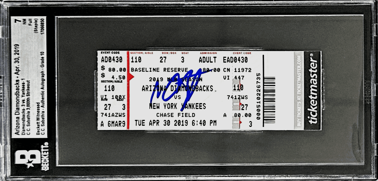 C.C. Sabathia Autographed Signed 3,000th Strikeout Full Ticket Beckett 7NM Ticket Stub sabathia-3-000th-strikeout-full-7nm, supplier stock photo