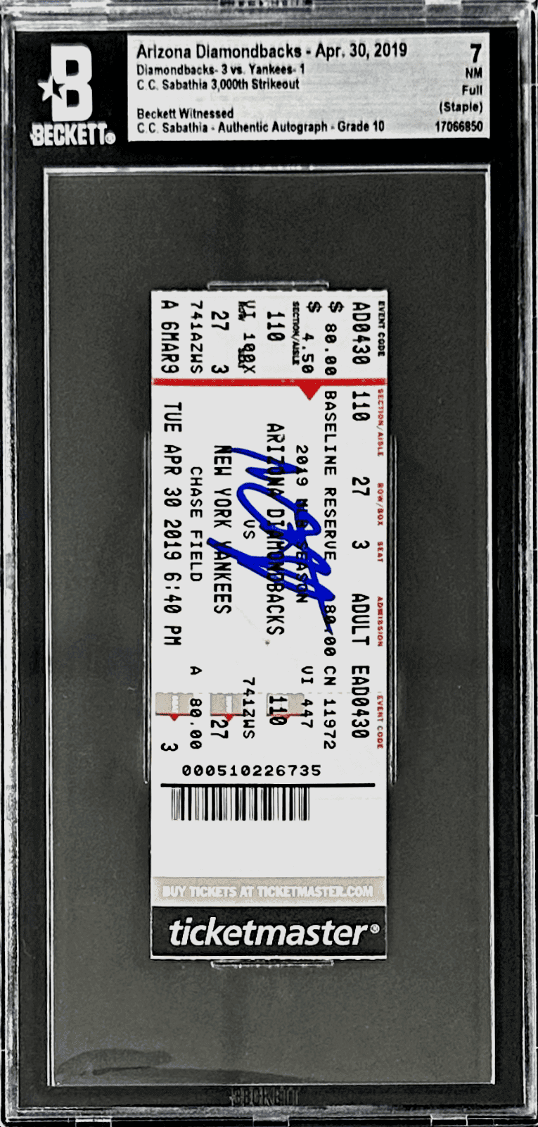 C.C. Sabathia Autographed Signed 3,000th Strikeout Full Ticket Beckett 7NM Ticket Stub sabathia-3-000th-strikeout-full-7nm, view 2, supplier stock photo