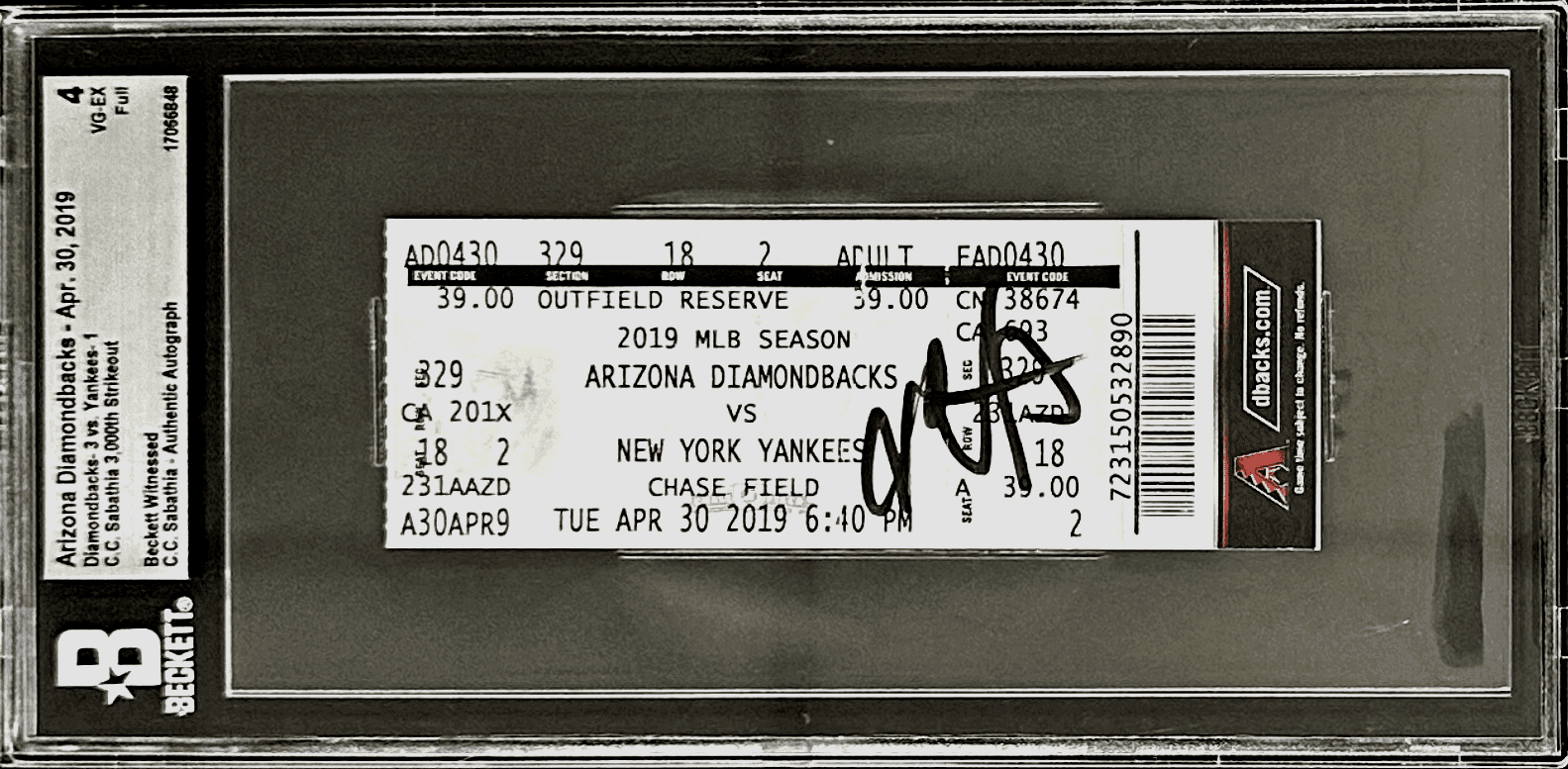 C.C. Sabathia Autographed Signed 3,000th Strikeout Full Ticket Beckett 4VG-EX Ticket Stub sabathia-3-000th-strikeout-full-4vg, supplier stock photo