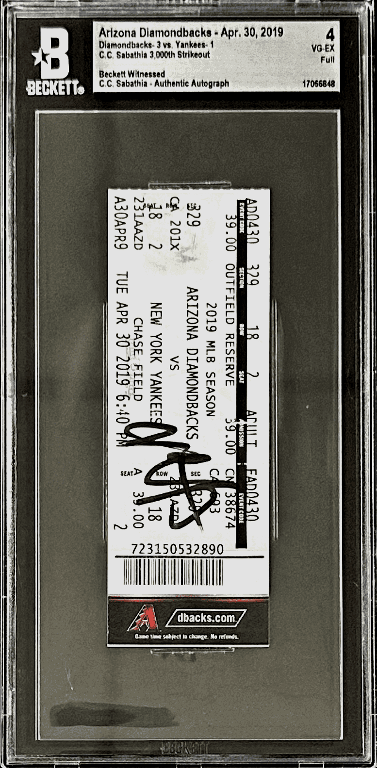 C.C. Sabathia Autographed Signed 3,000th Strikeout Full Ticket Beckett 4VG-EX Ticket Stub sabathia-3-000th-strikeout-full-4vg, view 2, supplier stock photo