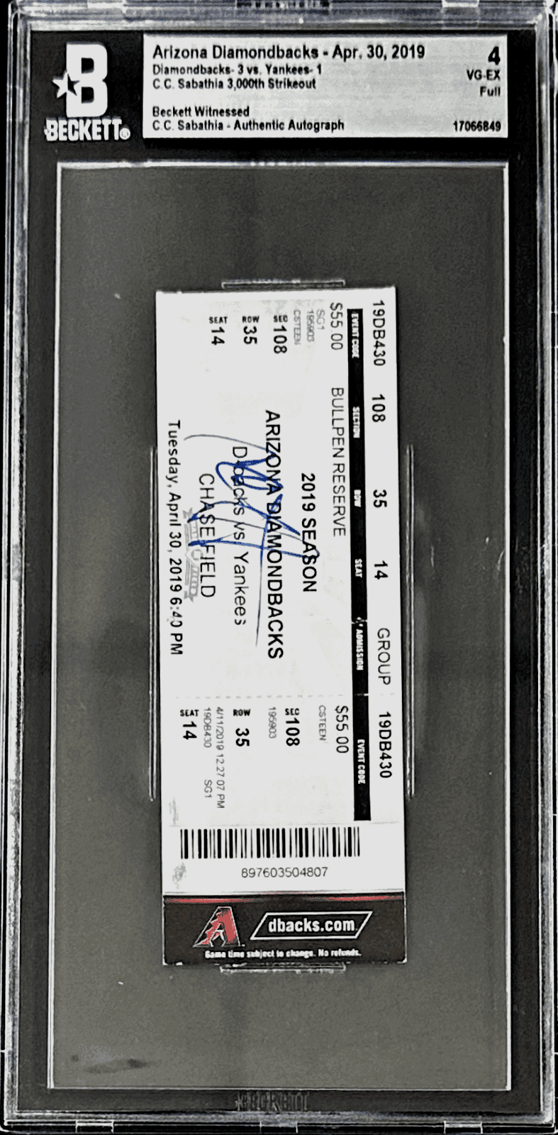 C.C. Sabathia Autographed Signed 3,000th Strikeout Full Ticket Beckett 4VG-EX B Ticket Stub sabathia-3-000th-strikeout-full-4vg, view 2, supplier stock photo