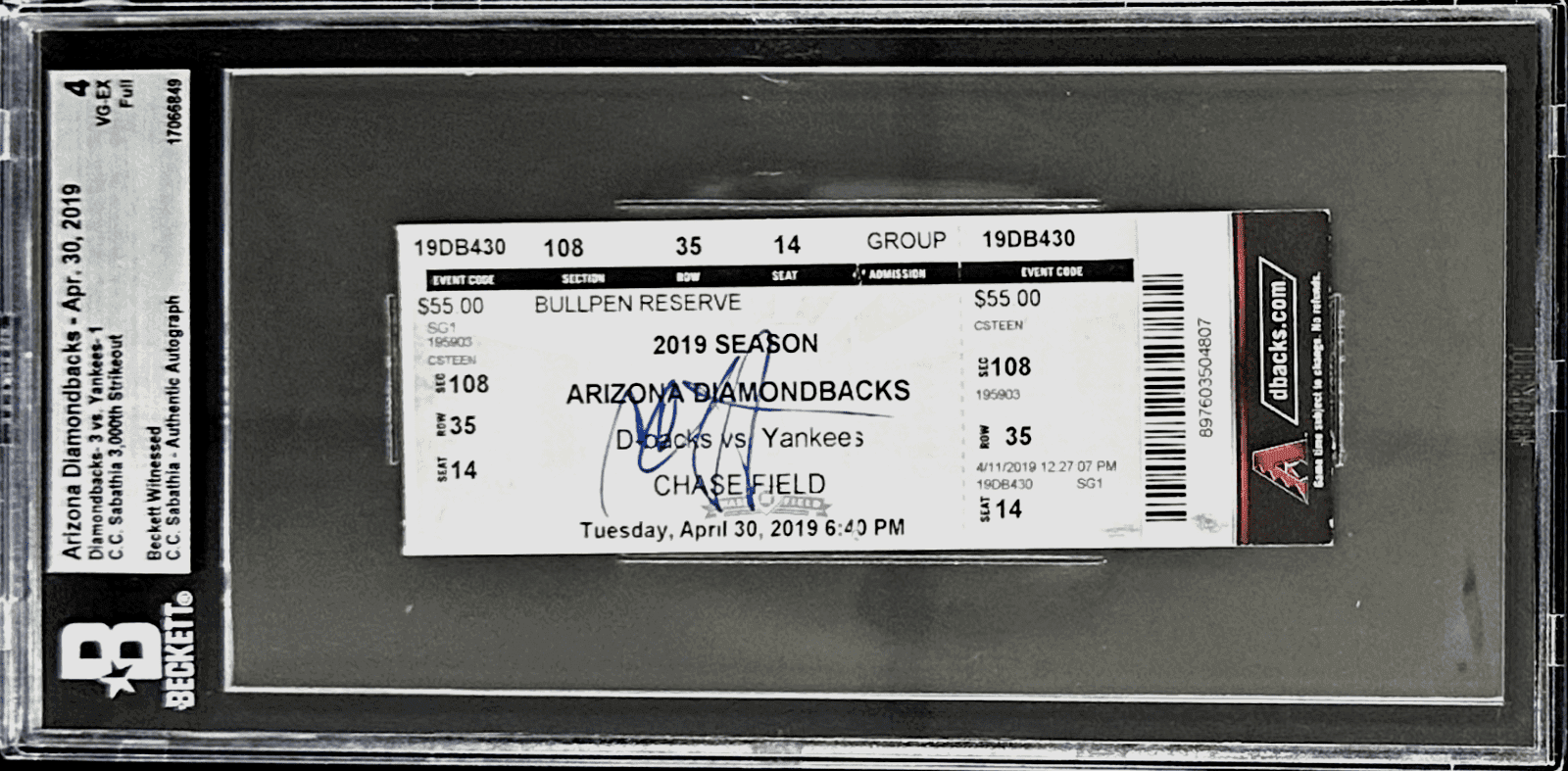 C.C. Sabathia Autographed Signed 3,000th Strikeout Full Ticket Beckett 4VG-EX B Ticket Stub sabathia-3-000th-strikeout-full-4vg, supplier stock photo