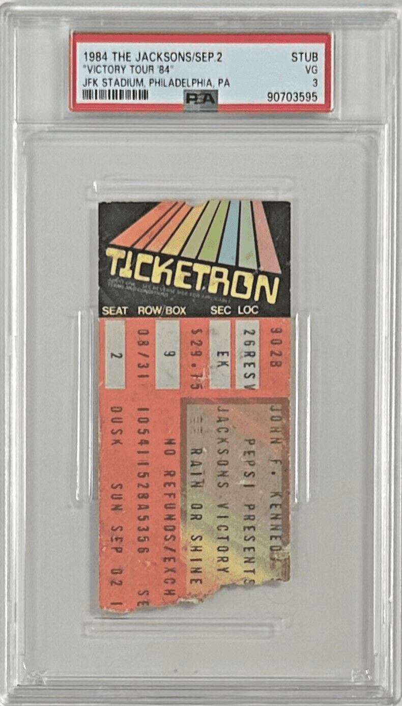 Michael Jackson Ticket Stub 1984 The Jacksons Victory Tour PSA VG 3 JFK Stadium Michael Jackson Ticket Stub michael-jackson-1984-jacksons-victory-tour, view 2, supplier stock photo