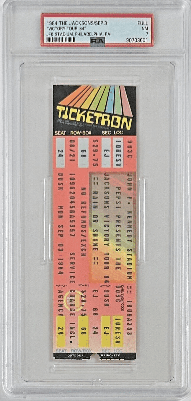 Michael Jackson Ticket Stub 1984 The Jacksons Victory Tour PSA NM 7 JFK Stadium Michael Jackson Ticket Stub michael-jackson-1984-jacksons-victory-tour, view 2, supplier stock photo