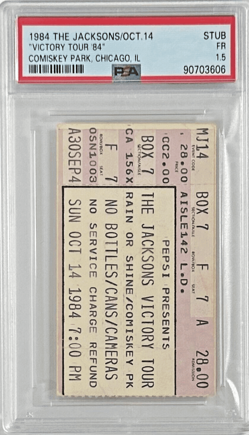 Michael Jackson Ticket Stub 1984 The Jacksons Victory Tour PSA FR1.5 Comiskey Michael Jackson Ticket Stub michael-jackson-1984-jacksons-victory-tour, view 2, supplier stock photo