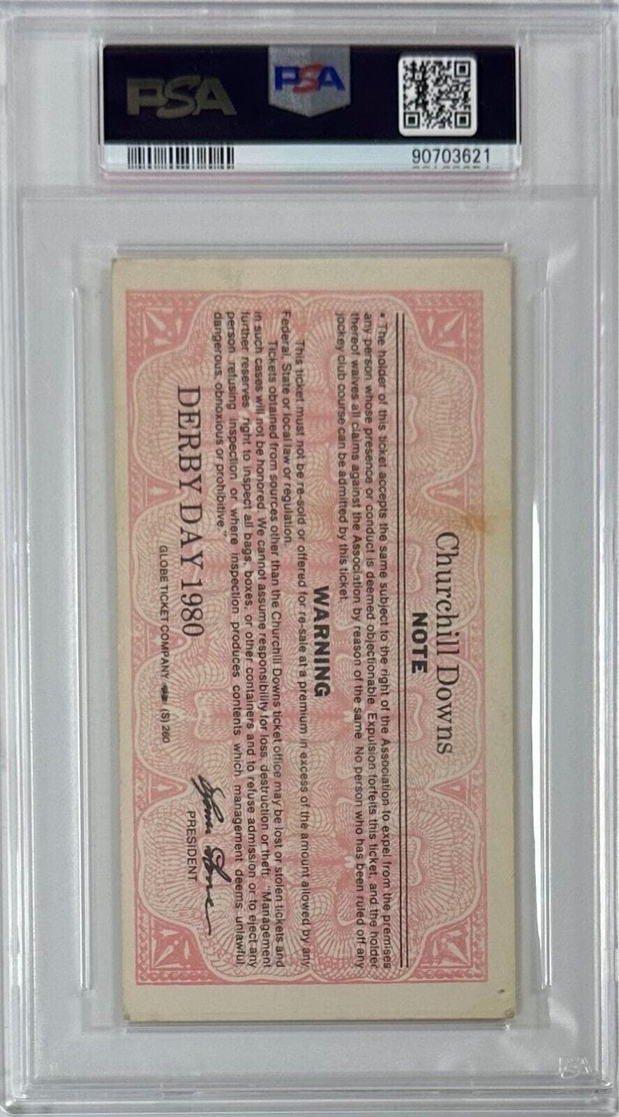 1980 Kentucky Derby Slabbed PSA Ticket Stub VG 3 Derby Winner Genuine Risk Ticket Stub 1980-kentucky-derby-slabbed-vg-3, view 3, supplier stock photo
