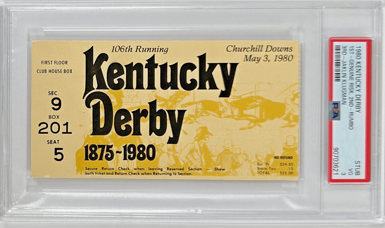 1980 Kentucky Derby Slabbed PSA Ticket Stub VG 3 Derby Winner Genuine Risk Ticket Stub 1980-kentucky-derby-slabbed-vg-3, supplier stock photo