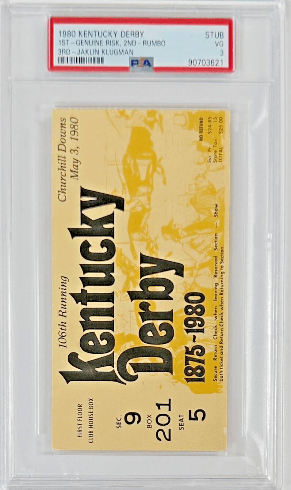 1980 Kentucky Derby Slabbed PSA Ticket Stub VG 3 Derby Winner Genuine Risk Ticket Stub 1980-kentucky-derby-slabbed-vg-3, view 2, supplier stock photo