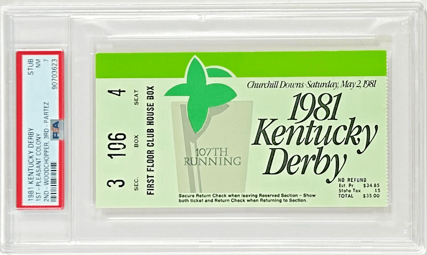 1981 Kentucky Derby Slabbed PSA Ticket Stub NM 7 Derby Winner Pleasant Colony Ticket Stub 1981-kentucky-derby-slabbed-nm-7, supplier stock photo